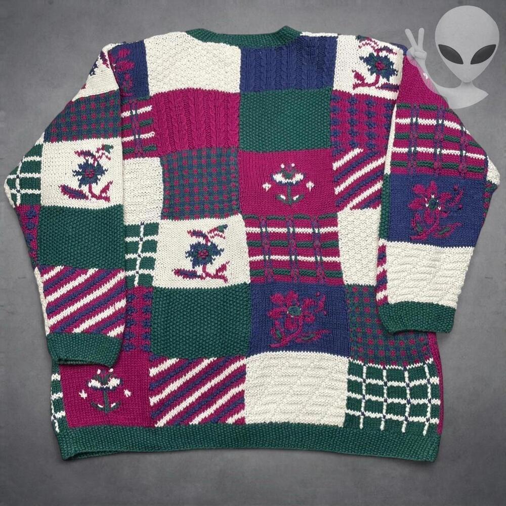 Vtg Northern Isles Hand Knit Cardigan 3XL Patchwork Floral Grandmacore Oversized - Picture 5 of 6